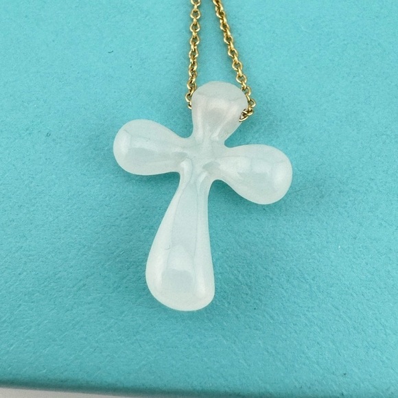 Tiffany & Co. Elsa Peretti White Jade Cross Necklace 18k Yellow Gold 16" - Picture 1 of 8